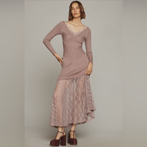 Anthropologie Dresses & Skirts - Anthropologie V-Neck Lace Twofer Sweater Dress in Mauve Size Large New With Tags